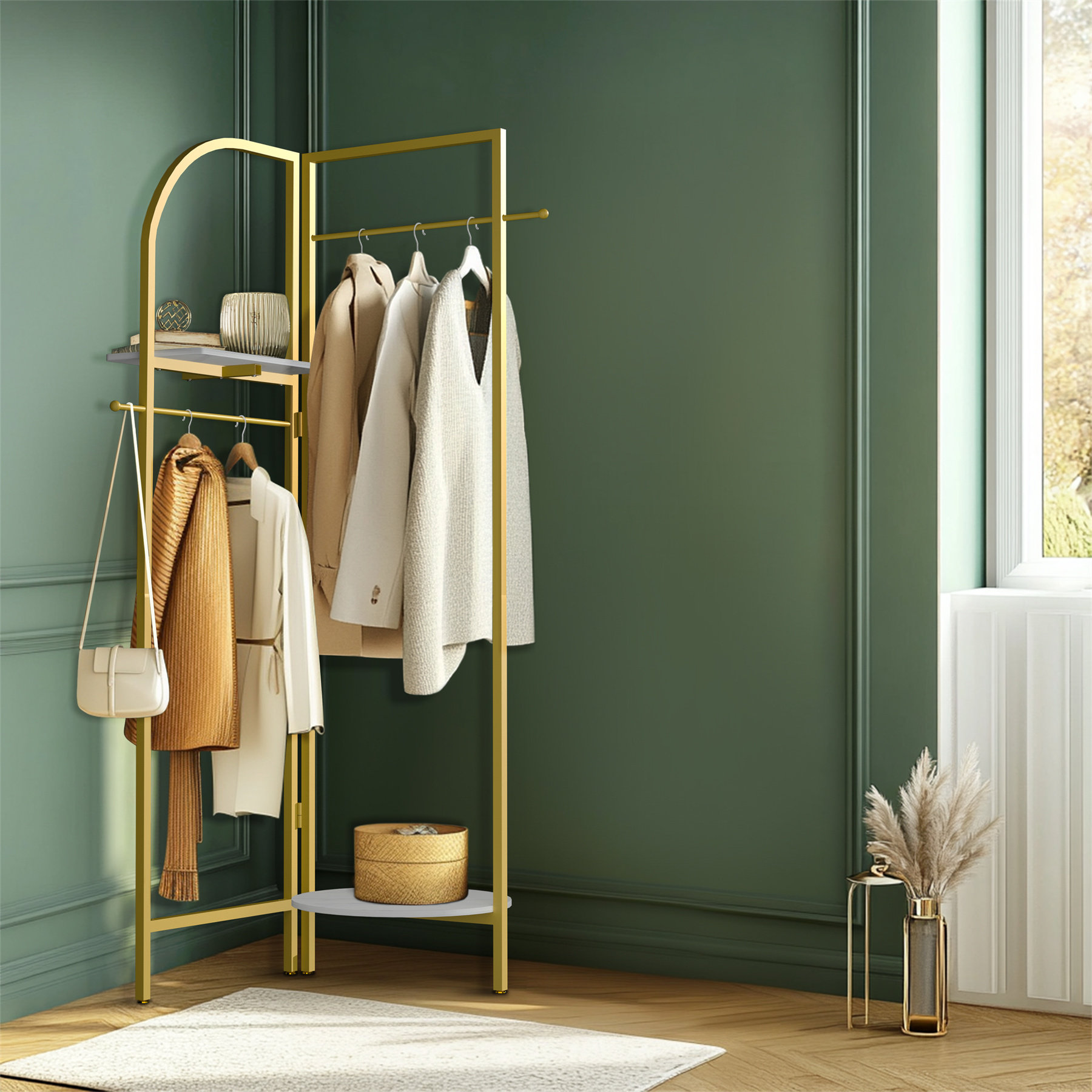 Mercer41 2 In 1 Corner Clothes Stand Freestanding Industrial Gold